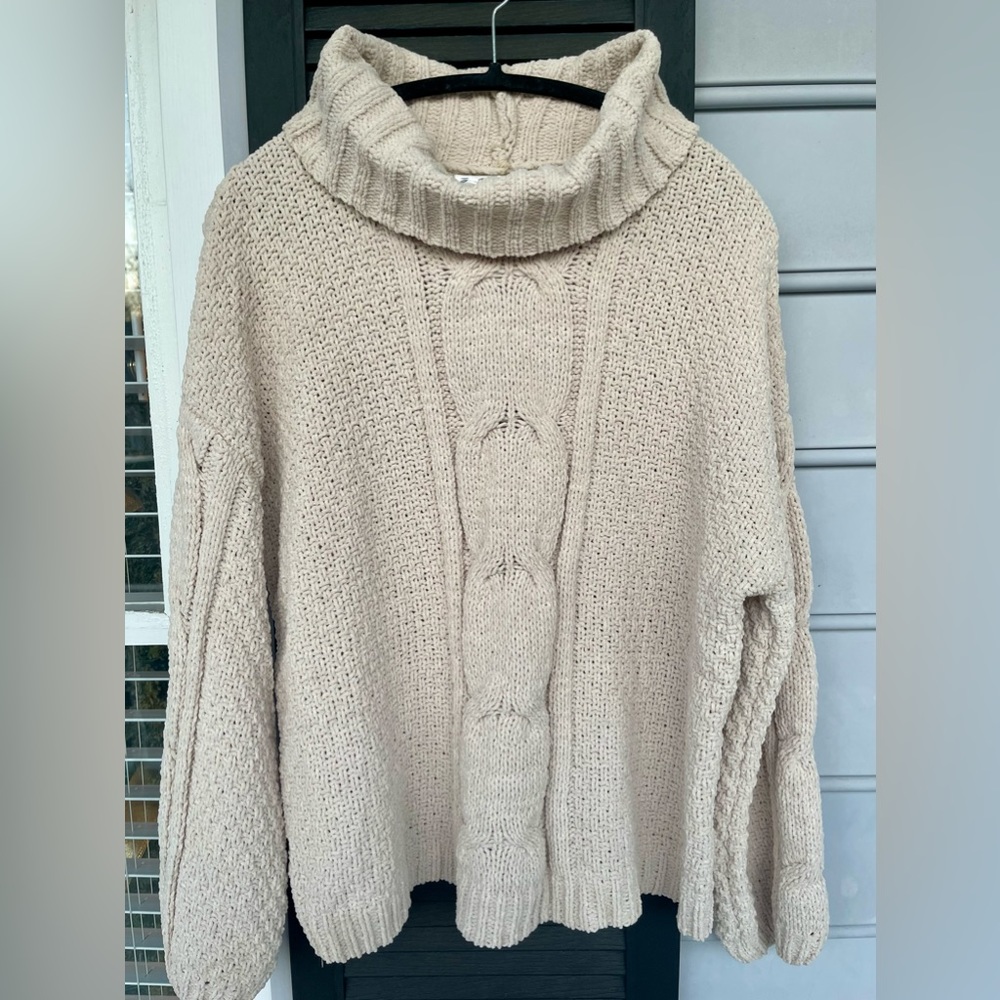 Seven7 Sweater Womens Large Ivory Chenille Chunky Turtleneck Balloon Sleeve